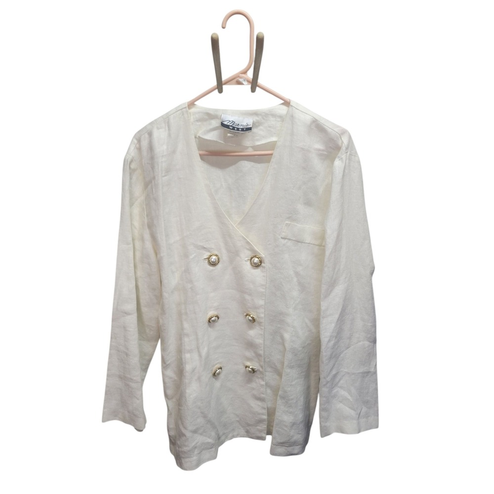Vintage Marnie West Womens Linen Blazer Top Cream Double‎ Breasted Gold Buttons